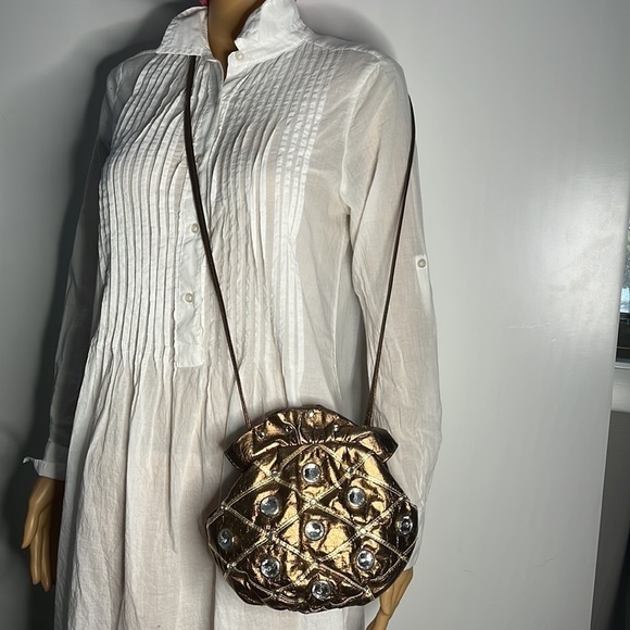 Vintage Bronze Soft Leather Crystal Studded Top Frame Shoulder Bag Crossbody - Picture 3 of 10